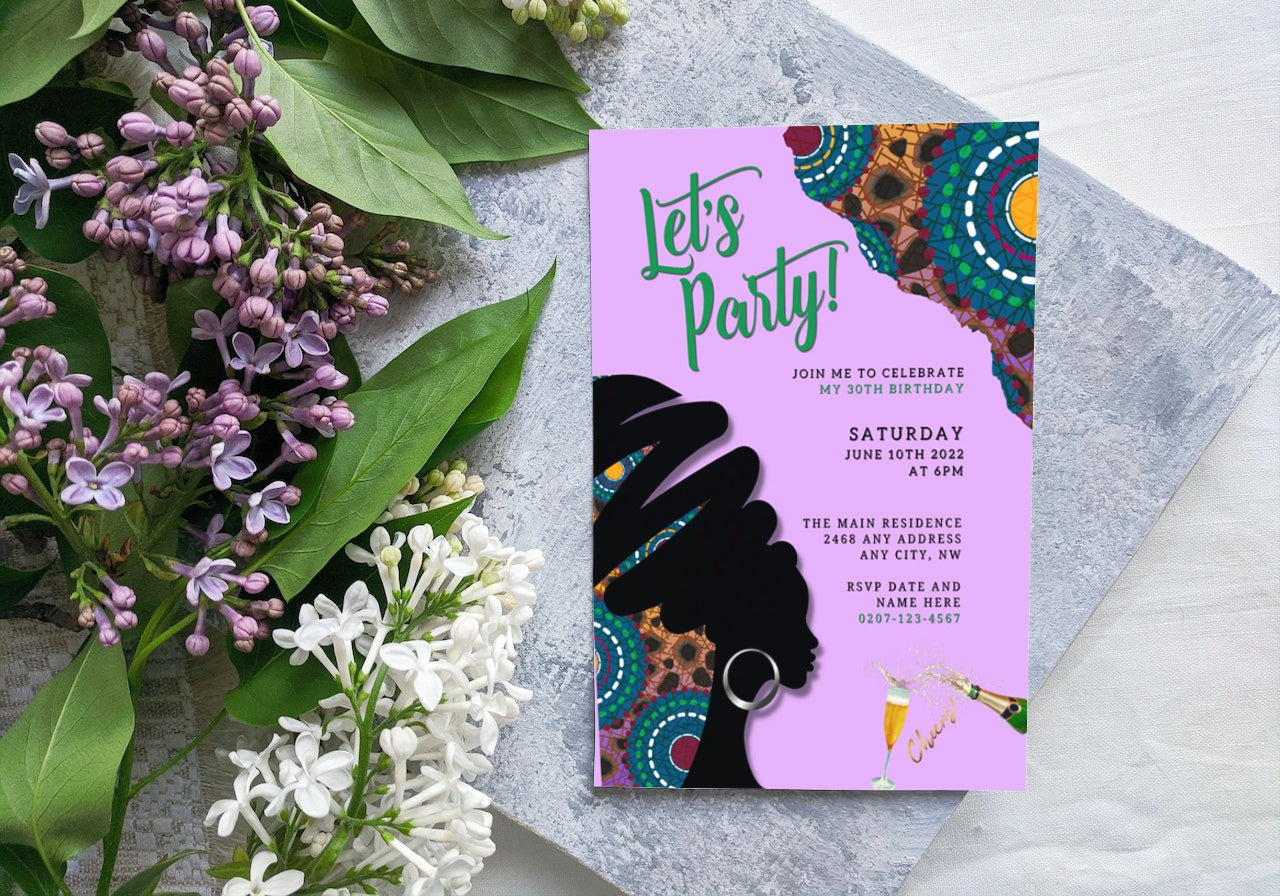 Purple Ankara African Woman Silhouette editable party evite with floral elements, customizable text, and design for digital invitations via Canva.