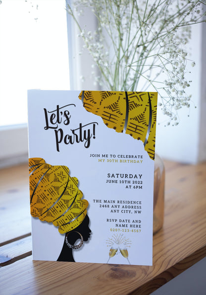 White Yellow Ankara African Woman Silhouette | Editable Party Evite displayed with floral accents, showcasing a customizable digital invitation template.