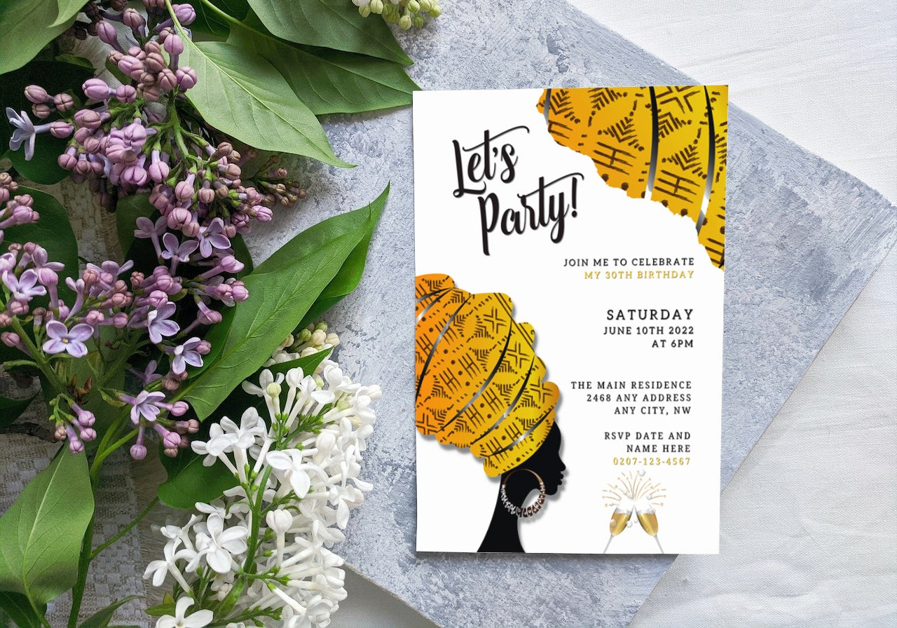 Customizable White Yellow Ankara African Woman Silhouette Party Evite featuring floral and leaf accents, ideal for digital invitations editable via Canva.