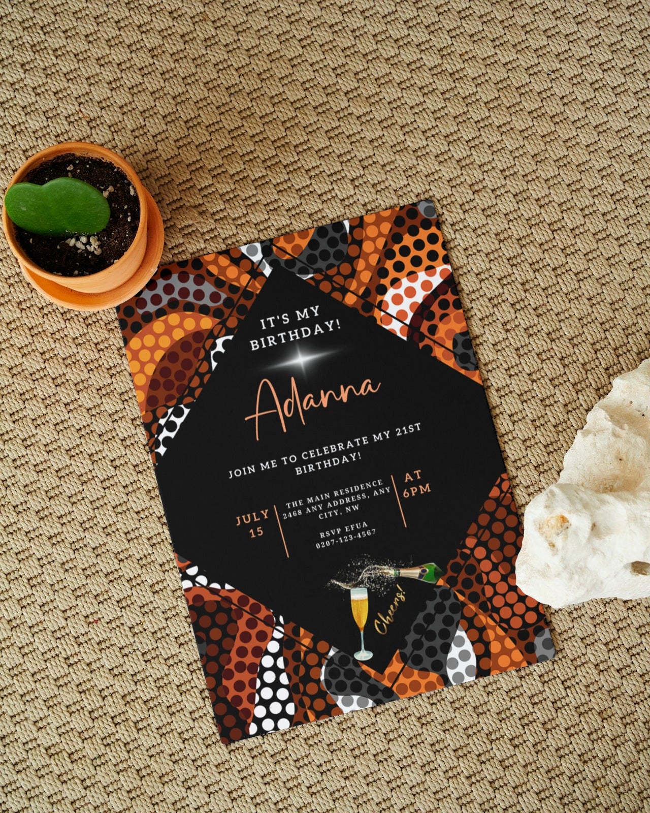 Editable Orange Black African Ankara Party Evite featuring a cactus and plant design, customizable via Canva for digital invitations. Ideal for various occasions.