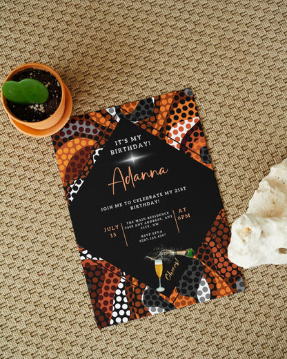 Editable Orange Black African Ankara Party Evite featuring a cactus and plant design, customizable via Canva for digital invitations. Ideal for various occasions.