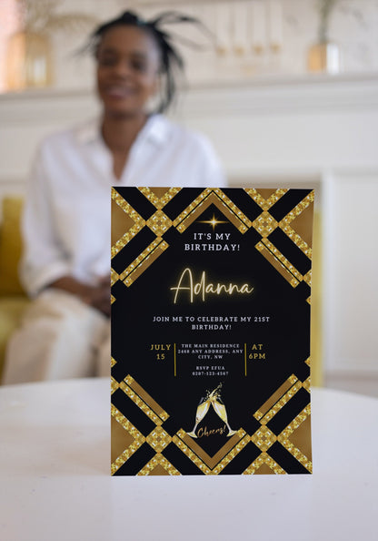 Customizable Gold Black Sparkle Birthday Evite with editable text, viewed close-up, featuring a woman in the background. Ideal for digital invitations via Canva.