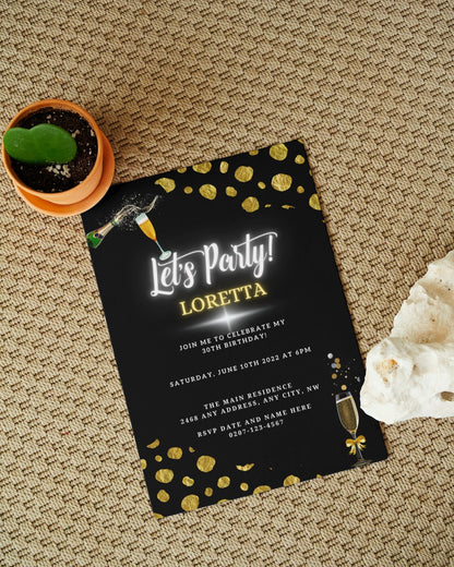 Black Leopard Gold | Customisable Party Evite featuring a cactus and rock, editable via Canva for digital invitations.