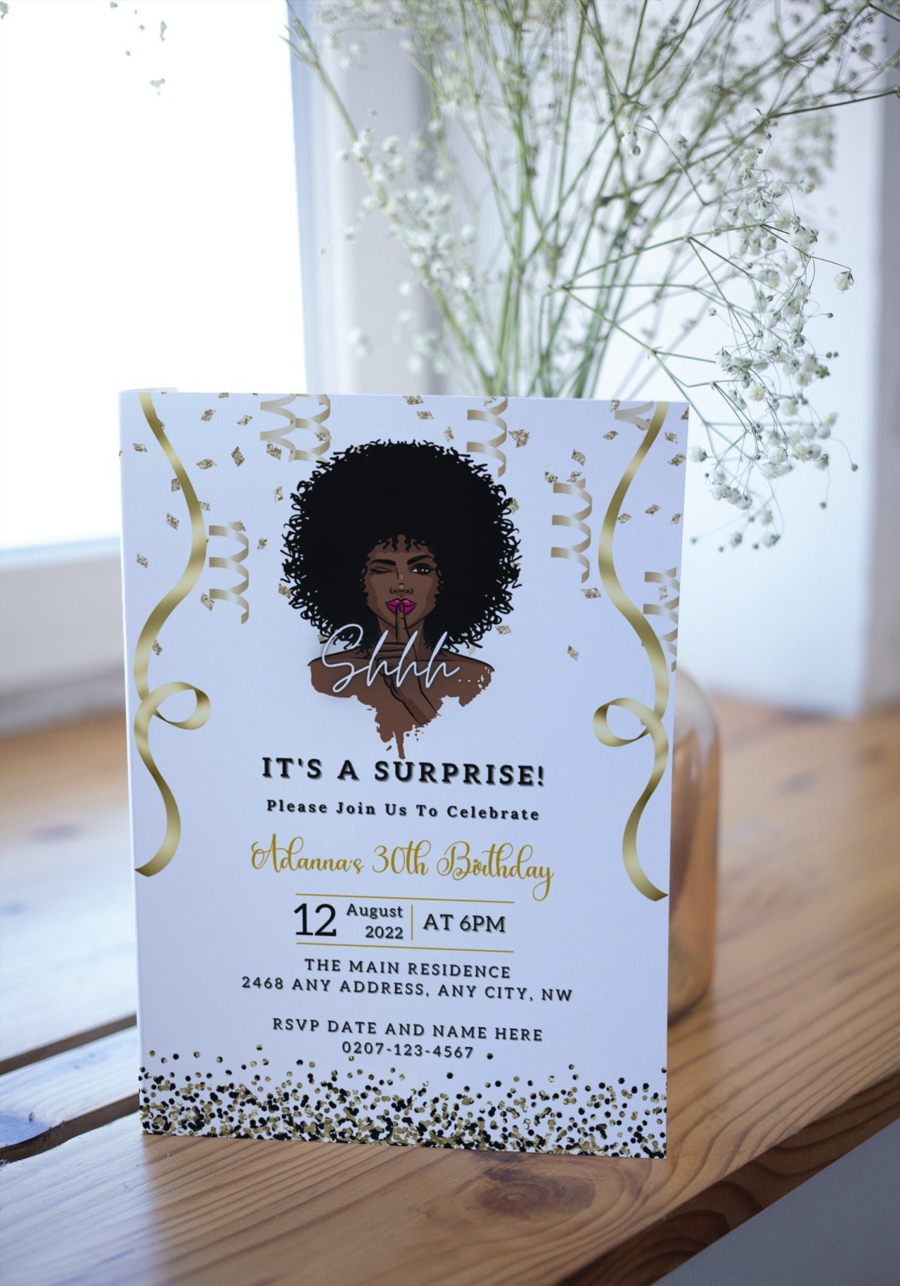 Afro Girl Magic Surprise | Editable Party Evite featuring a Black woman with curly hair, customizable via Canva for digital invitations.