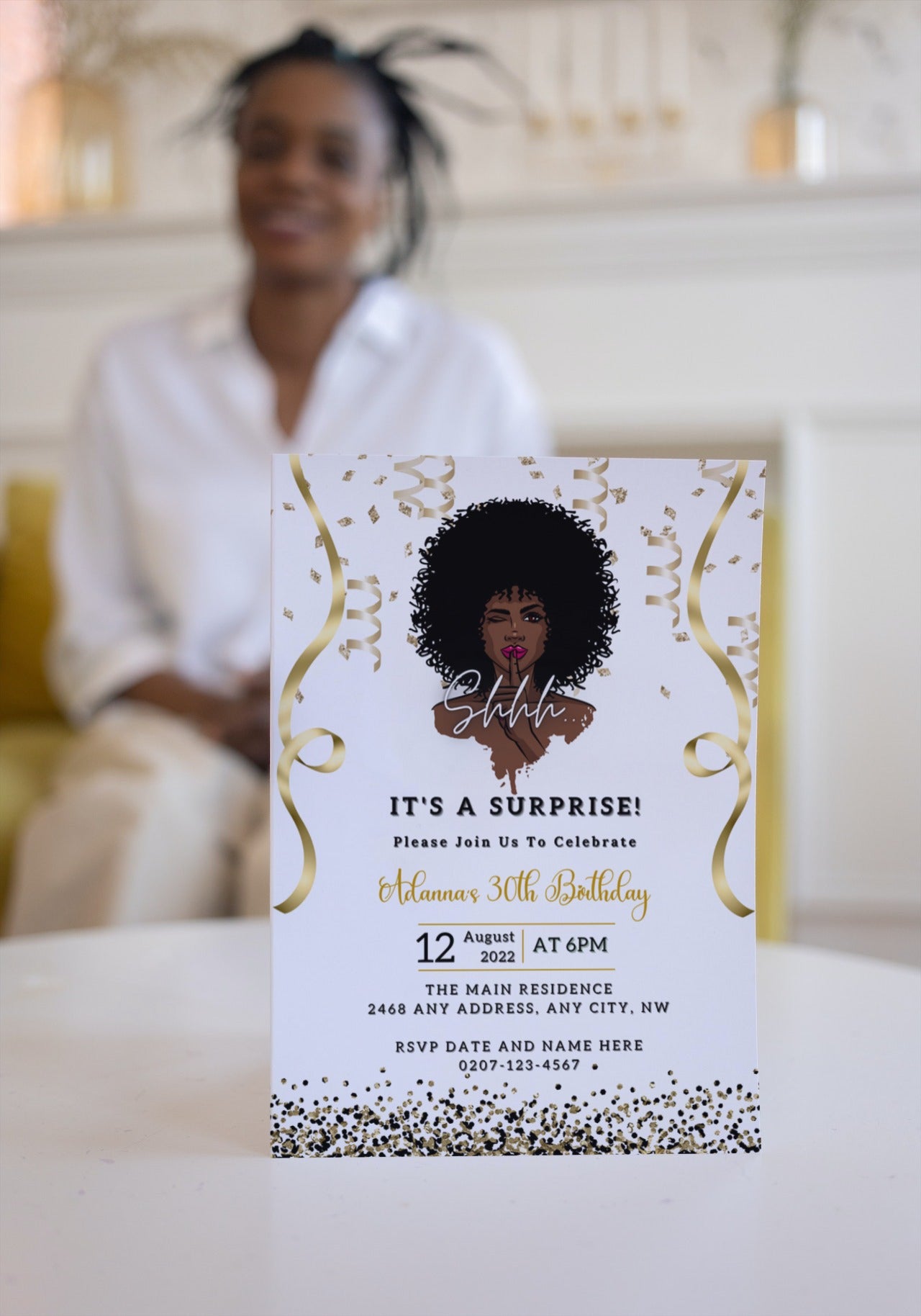 Afro Girl Magic Surprise | Editable Party Evite featuring a woman with curly hair on a customizable white and gold invitation, ideal for eco-friendly, digital celebrations.