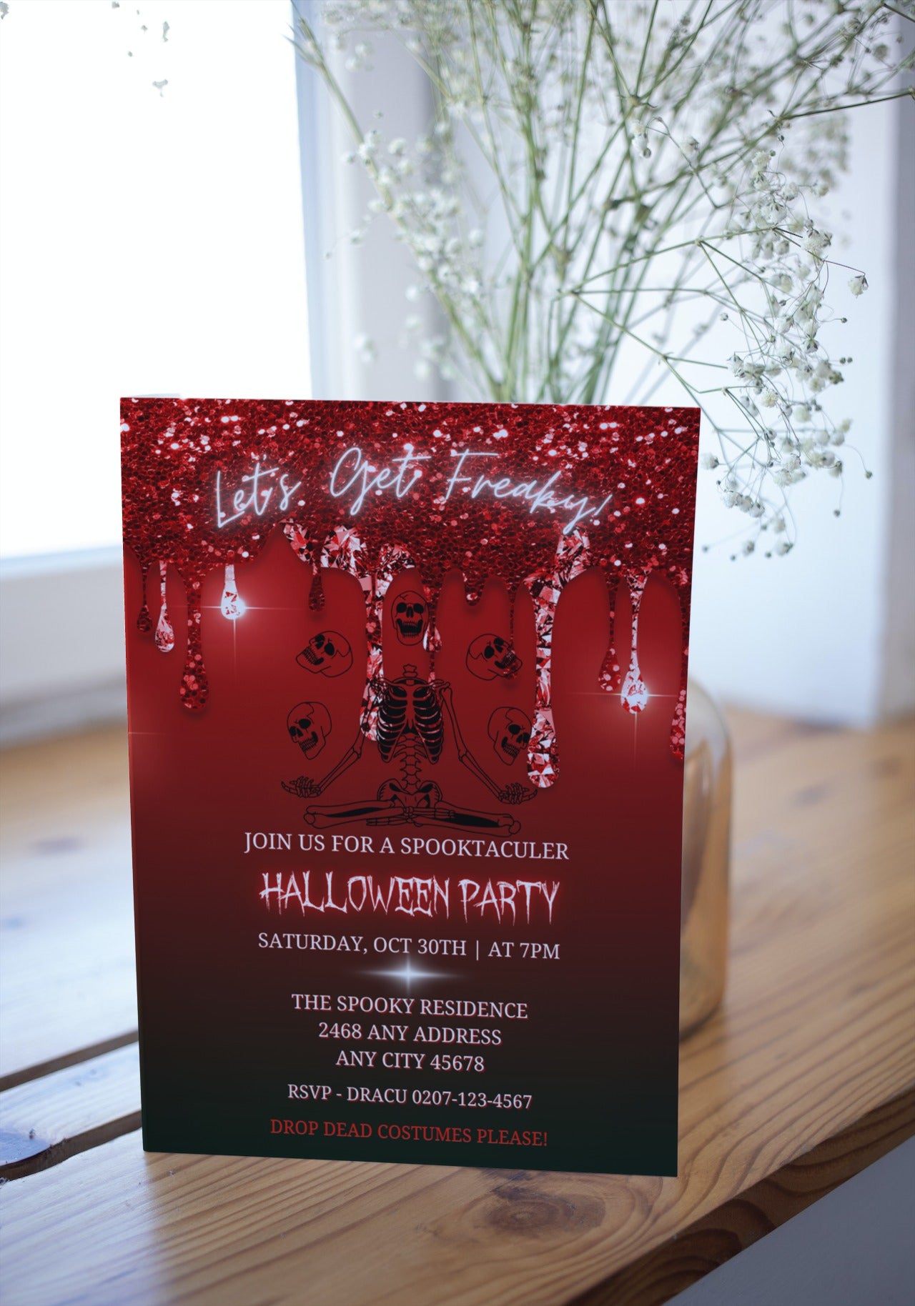 Red Dripping Skeleton Joggling Skulls Halloween Evite with customizable text, fonts, and images using Canva, perfect for electronic invitations via WhatsApp, Email, and Social Media.