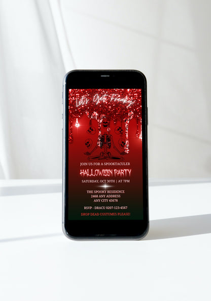 Red Dripping Skeleton Joggling Skulls | Halloween Evite on a mobile screen, showcasing a customizable digital invitation template with a red skeleton design for Halloween.