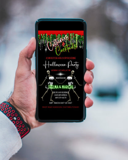 Hand holding a mobile phone displaying the Funny Dancing Fancy Skeletons Costumes & Cocktails Halloween Evite invitation template for customization via Canva.