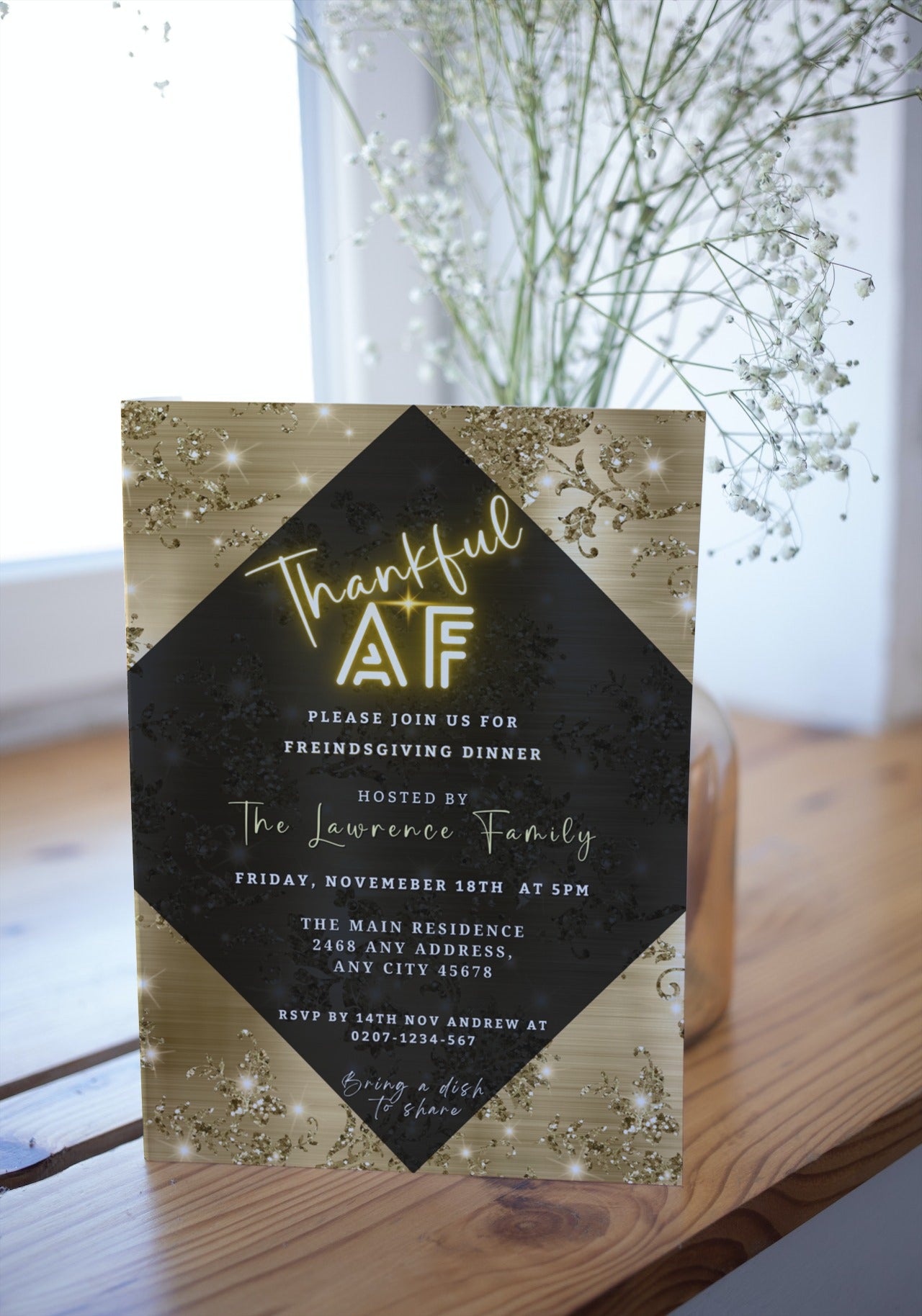 Black and gold Thankful AF Golden Leaves Diamond Thanksgiving Dinner Evite with white flowers, customizable via Canva for easy digital sharing.