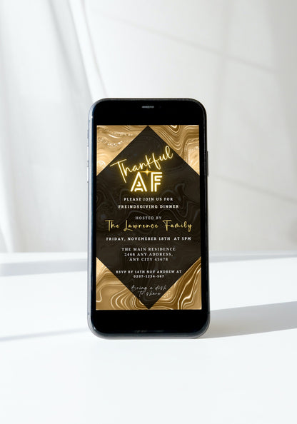 Gold Pumpkin Glitter Foil | Thankful AF Thanksgiving Evite template on a mobile device, showcasing customizable text and design in Canva.