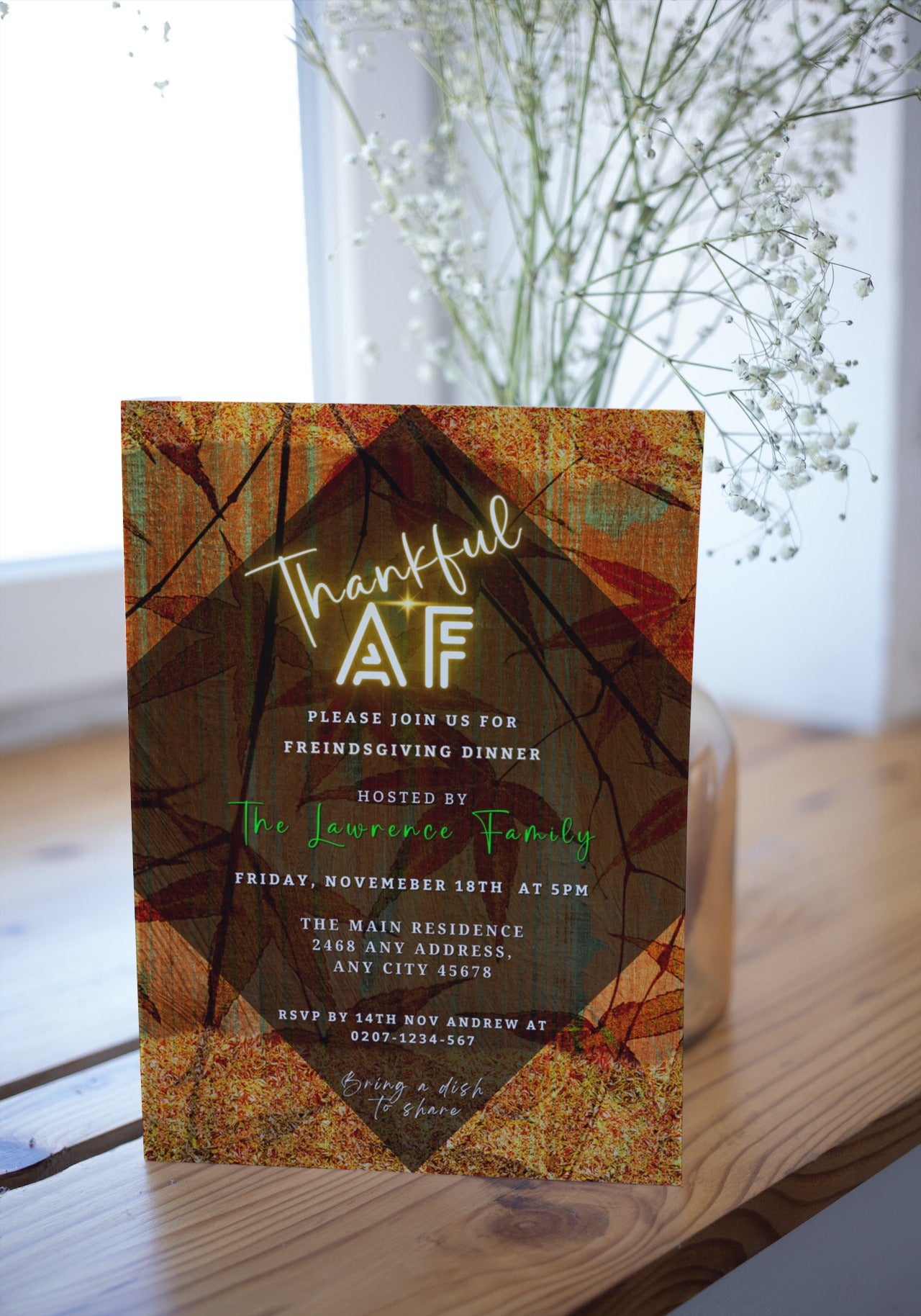 Invitation card with flowers, showcasing Thankful AF Orange Gold Pumpkin Background | Thanksgiving Dinner Evite for customizable digital and printable use via Canva.