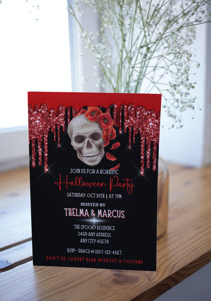 Dripping Red Black Fancy Rosey Skull Halloween Evite featuring a skull with red flowers on a black and red invitation template.