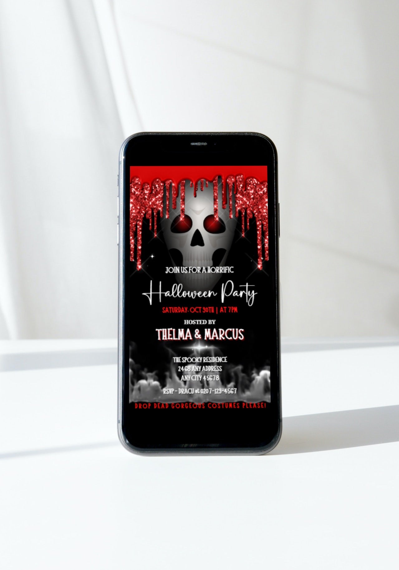 Dripping Smoking Red Eyed Skull Halloween Party Video Invite displayed on a mobile phone screen with spooky skull and blood drippings.