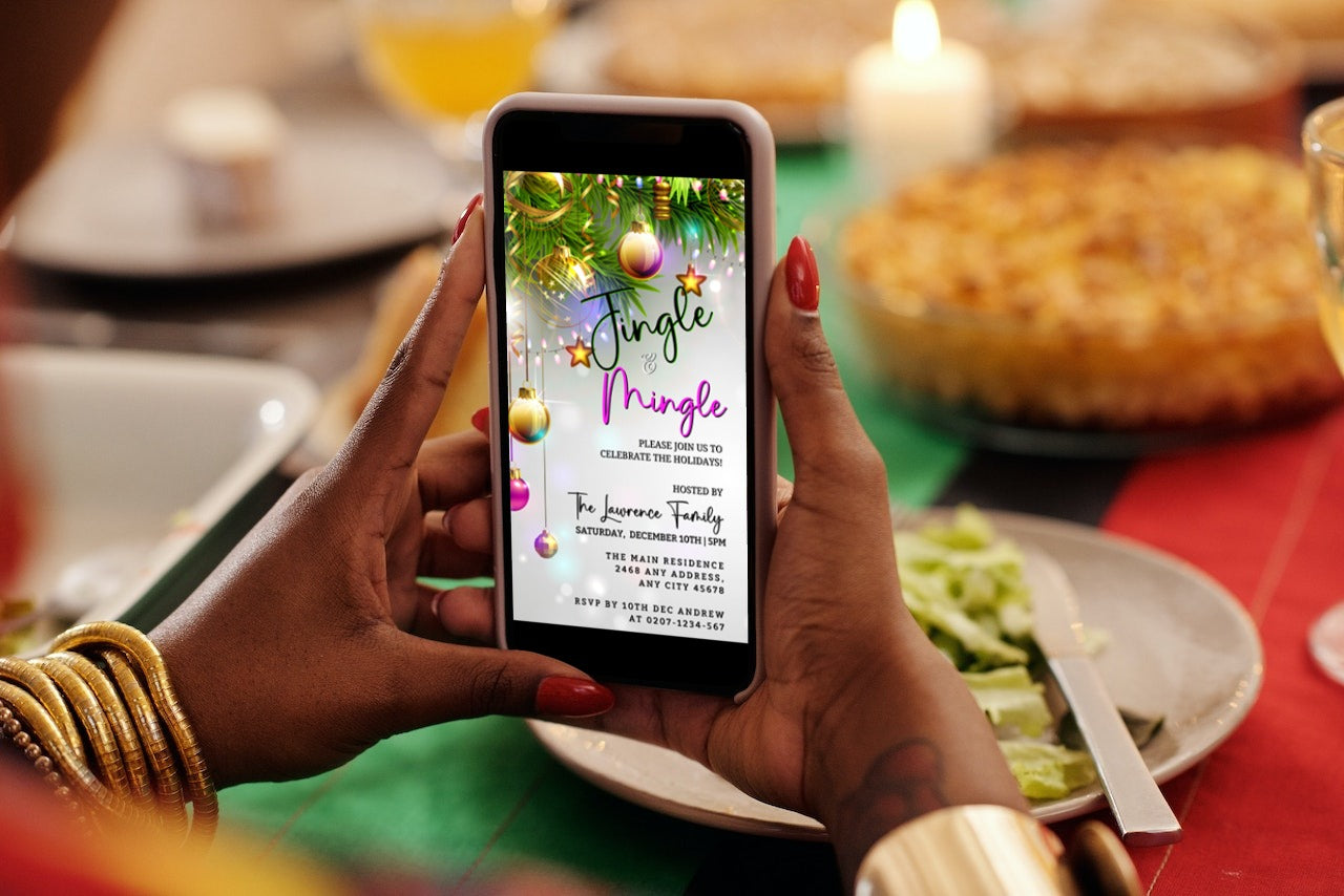 A person holding a phone displaying the Jingle & Mingle Rose Gold Christmas Party Invitation template.