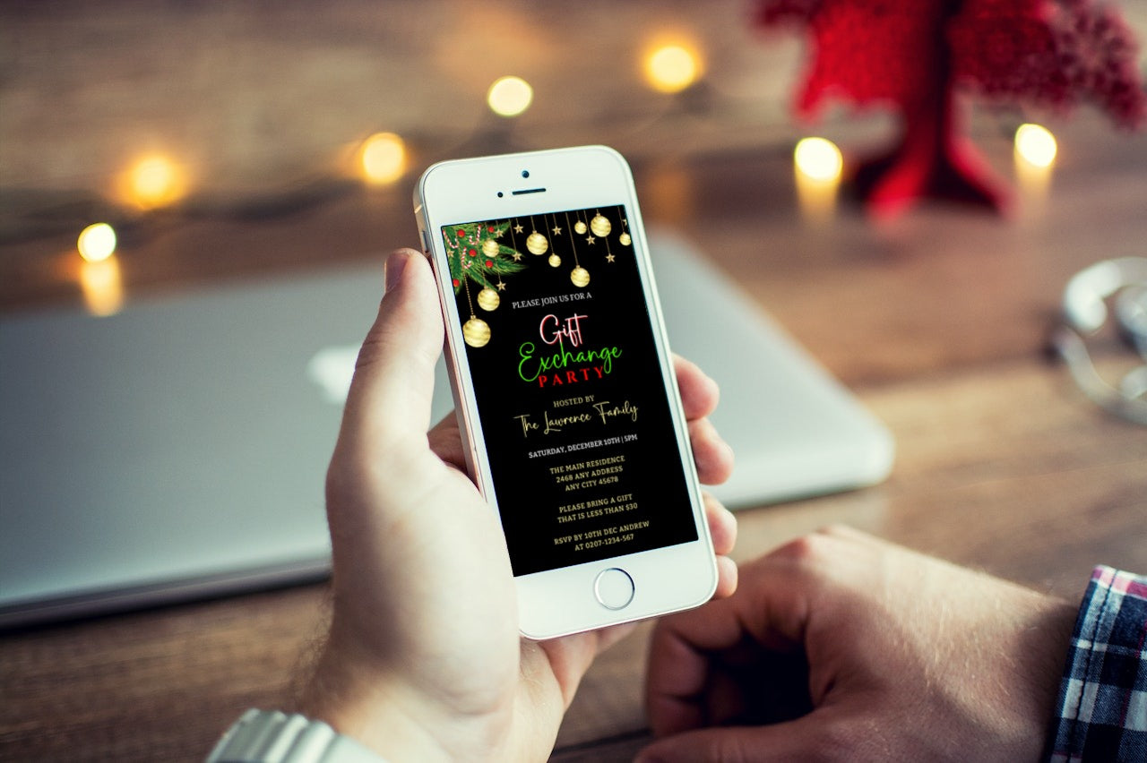 A person holding a smartphone displaying a Gold Red Ornament Gift Exchange Christmas Party Invitation template.