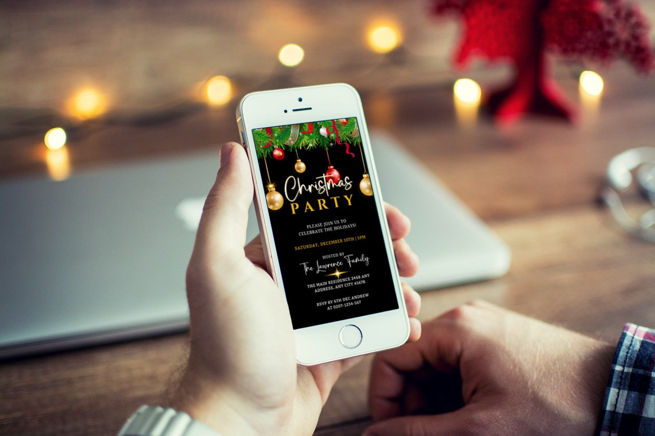 Person holding a smartphone displaying a customizable Red Gold Green Leaves Christmas Party Invitation template for editing and sharing via digital platforms.