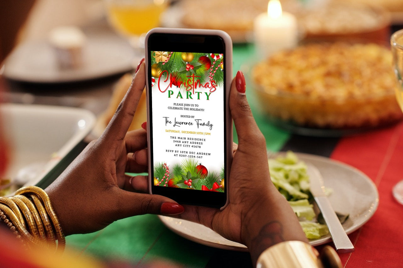 Person holding a phone displaying an editable digital Christmas Party invitation with white and green ornaments from URCordiallyInvited.