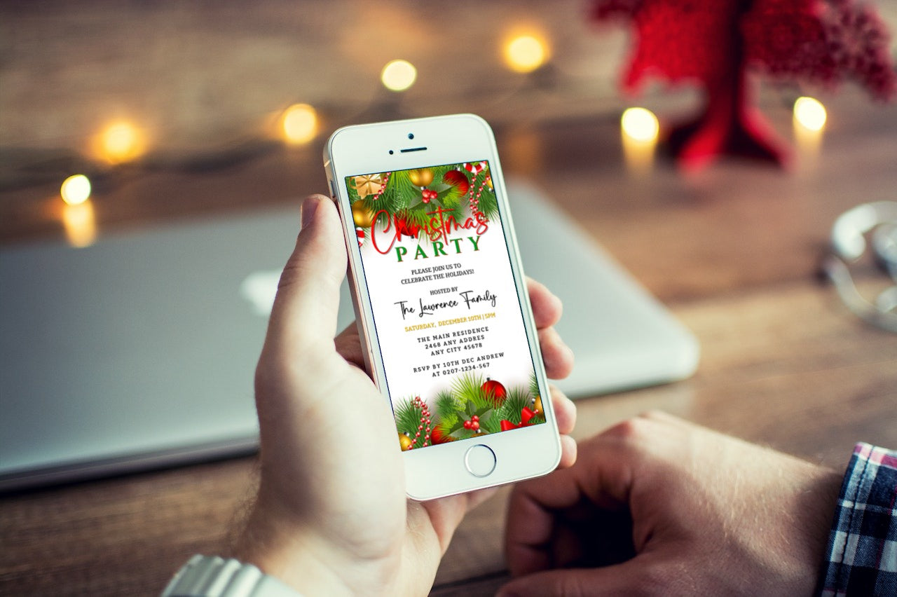 Person holding a phone displaying a customizable White Green Ornaments Christmas Party Invitation from URCordiallyInvited.