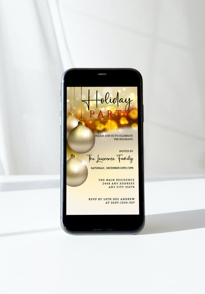 Gold Beige Glitter Ornament | Christmas Party Invitation displayed on a smartphone, ready for customization and digital sharing via Canva.