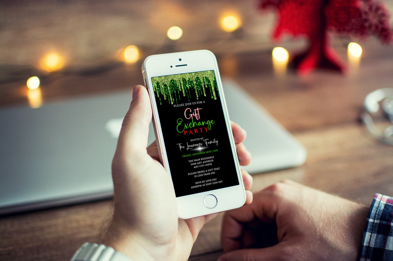 Person holding a smartphone displaying a customizable Green Drip Gift Exchange Party Invitation template from URCordiallyInvited.