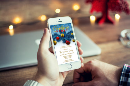 Person holding a smartphone displaying an editable digital Christmas party invitation template titled Blue Gold Red Ornaments.