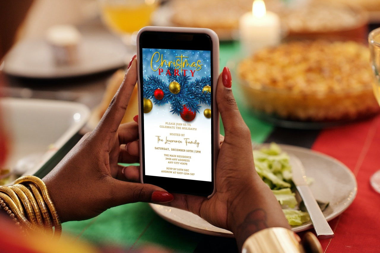 Person holding a phone displaying a customizable Blue Gold Red Ornaments Christmas Party Invitation template.