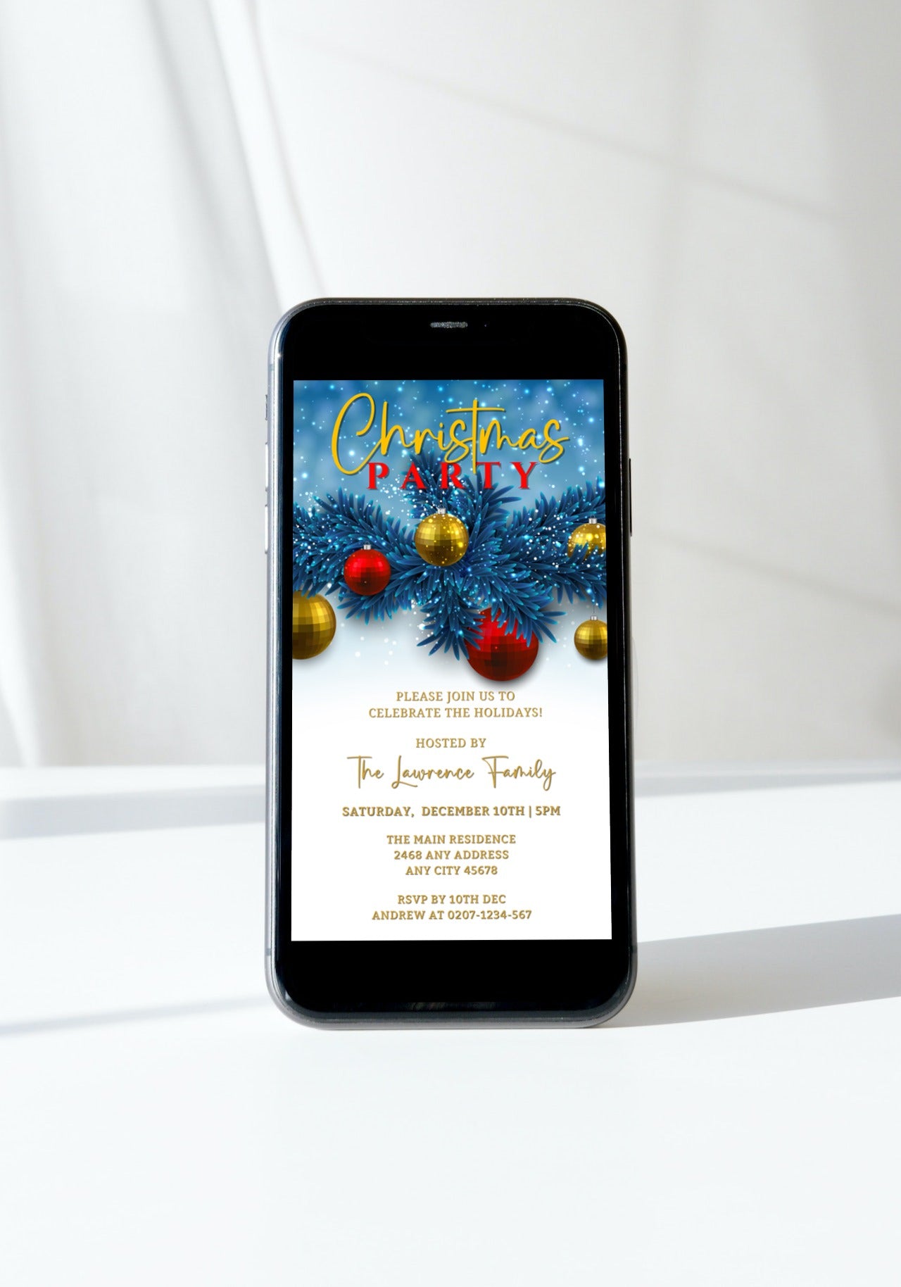 Editable Digital Blue Gold Red Ornaments | Christmas Party Invitation displayed on a smartphone screen, featuring festive ornaments and customizable text for personalizing event details.