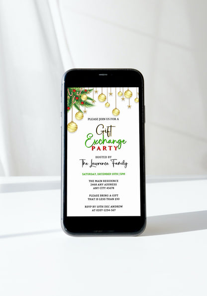 Smartphone displaying a customizable digital Christmas party invitation titled White Gold Red Ornaments, editable via Canva for easy sharing.