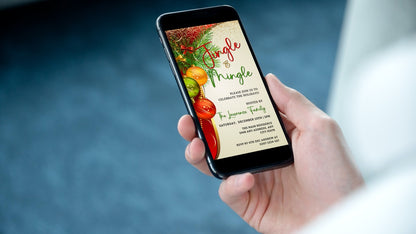 Hand holding a smartphone displaying a Colourful Jingle & Mingle | Christmas Party Evite template, ready for customization in the Canva app.