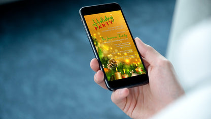 Hand holding a smartphone displaying the Gold Candles Ornaments | Christmas Party Evite, a customizable digital invitation template available for editing and sharing via Canva.