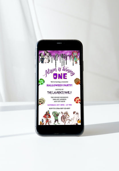 Children's Halloween Party Evite displayed on a smartphone screen, featuring a spooky 'Gang of Monsters' theme invitation template.