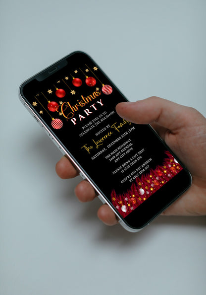 Hand holding a smartphone displaying an editable digital Red Black Gold Ornament Christmas Party Evite template from URCordiallyInvited.