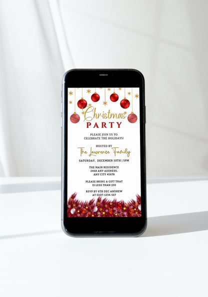 Smartphone displaying White Red Gold Ornament Christmas Party Evite template with customizable invitation details and festive red and white ornaments.