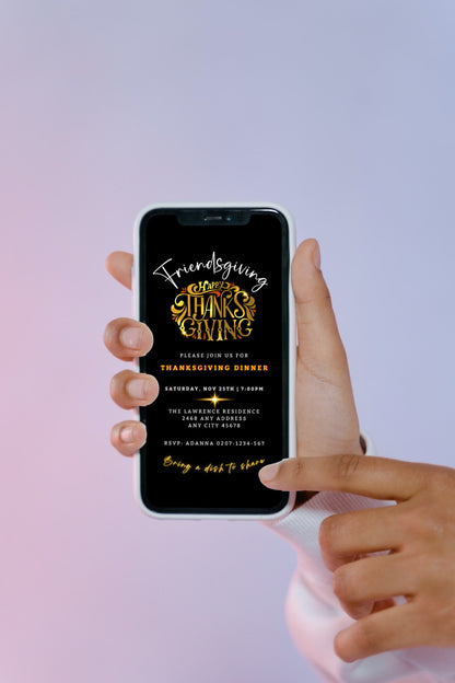 Hand holding a phone displaying the Gold Red Neon Black Friendsgiving Thanksgiving Evite template, customizable using Canva for digital invitations.