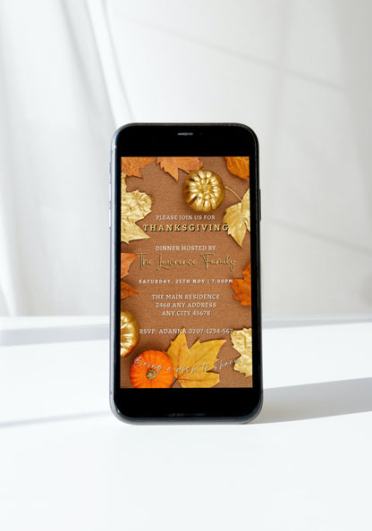 Beige Gold Leaves Pumpkin Thanksgiving Evite displayed on a smartphone screen, ready for customization and electronic sharing via the Canva Editor.