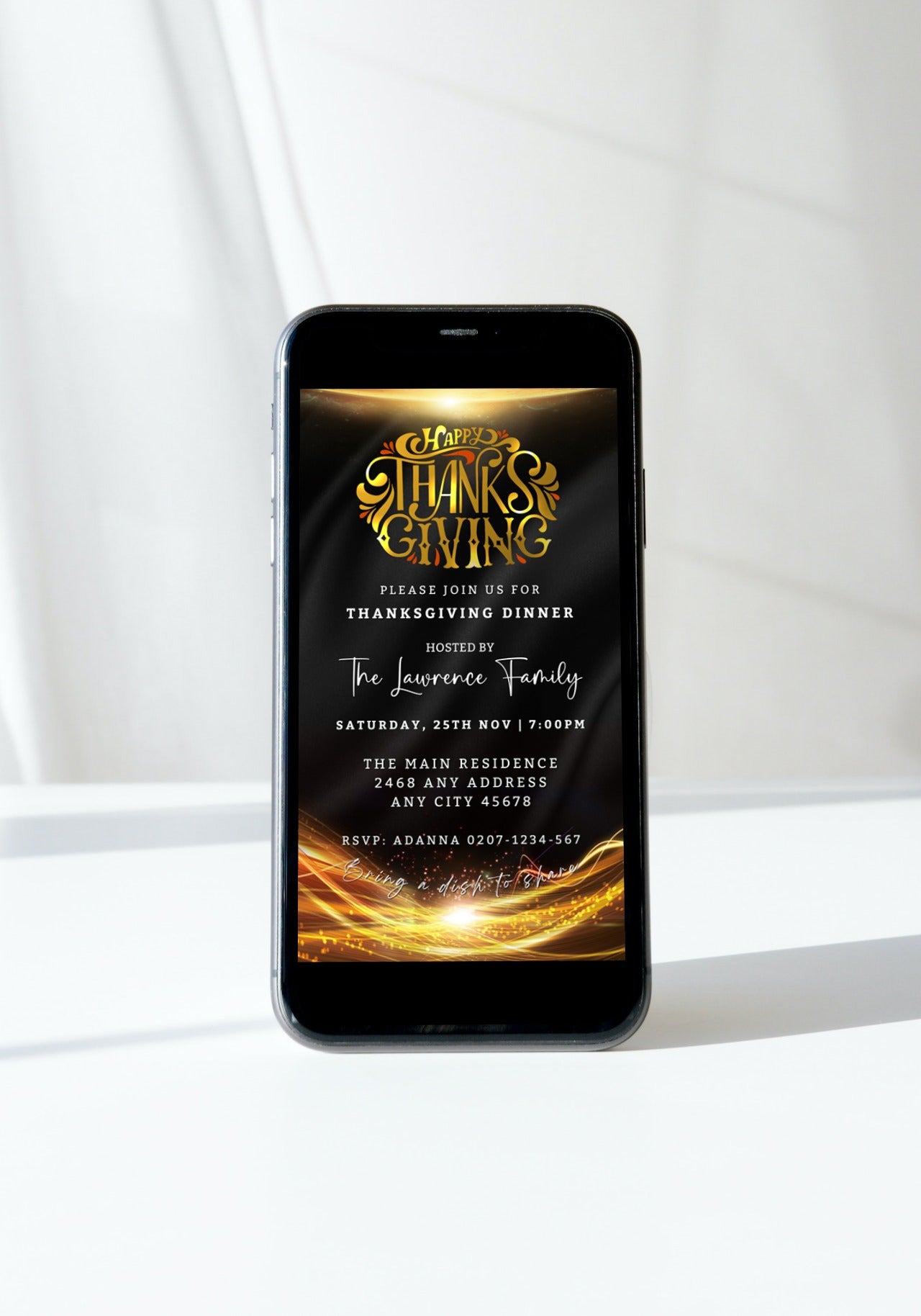 Cell phone displaying a customizable Gold Neon Black Sparkle Thanksgiving Evite template.