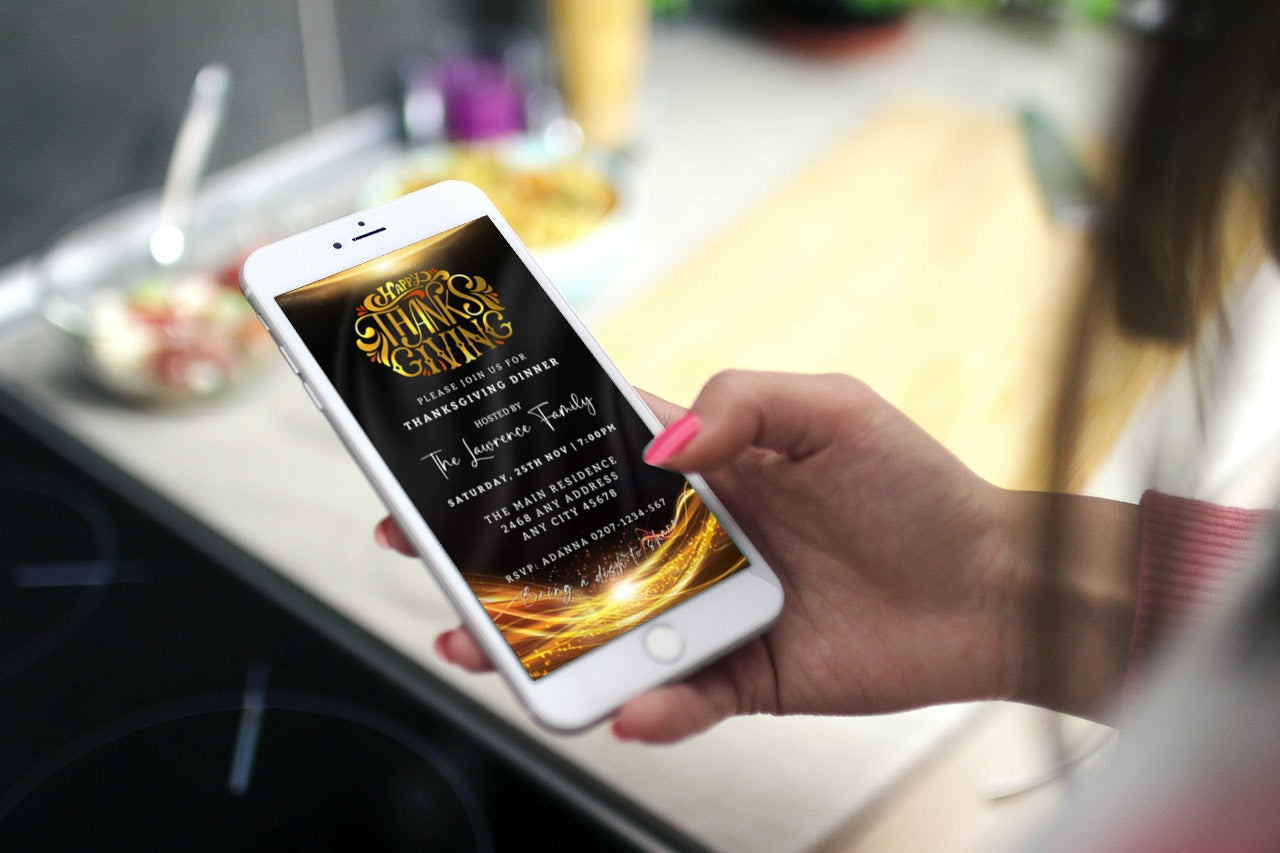 Hand holding a phone displaying the Gold Neon Black Sparkle Thanksgiving Evite template, customizable via Canva for digital sharing.