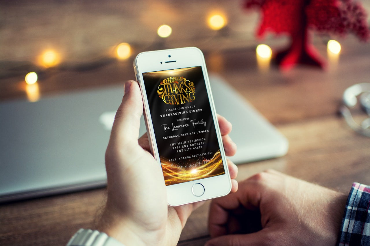 A hand holding a smartphone displaying the Gold Neon Black Sparkle | Thanksgiving Evite template for customization via Canva.