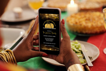 Person holding a phone displaying the Golden Pumpkin Sparkle Thanksgiving Dinner Evite, customizable via Canva for easy electronic sharing.