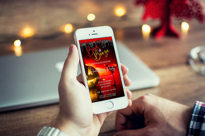 Person holding a mobile phone, showcasing the editable BOOS & BOOZE RED HOT PUMPKIN Halloween Evite template by URCordiallyInvited, ideal for personalizing and sharing via messaging apps.