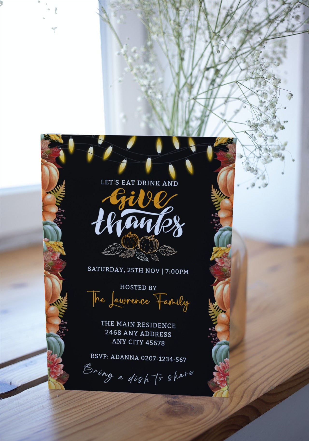 Black and white invitation featuring pumpkins and flowers for the Colourful Lit Leaves Pumpkins Black | Thanksgiving Evite customizable via Canva for digital sharing.