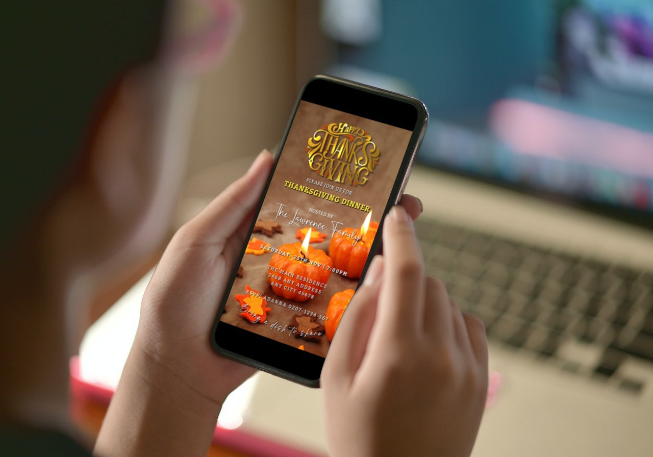 Person holding a cell phone displaying the Gold Lit Pumpkins | Thanksgiving Evite template for customization using Canva.