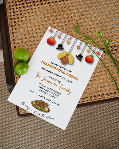 Turkey Pumpkin Decor | Thanksgiving Dinner Evite next to two limes, showcasing an editable digital and printable invitation template for personalizing with Canva.