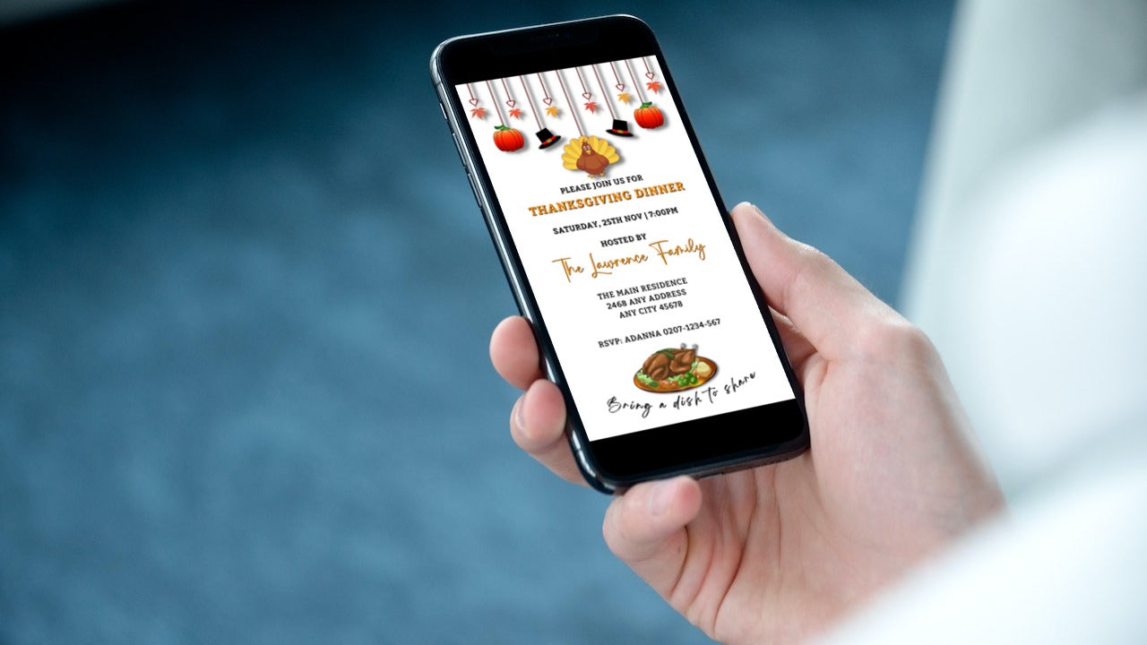 Hand holding a smartphone displaying a customizable Turkey Pumpkin Decor Thanksgiving Dinner Evite, editable via Canva for digital and printable invitations.