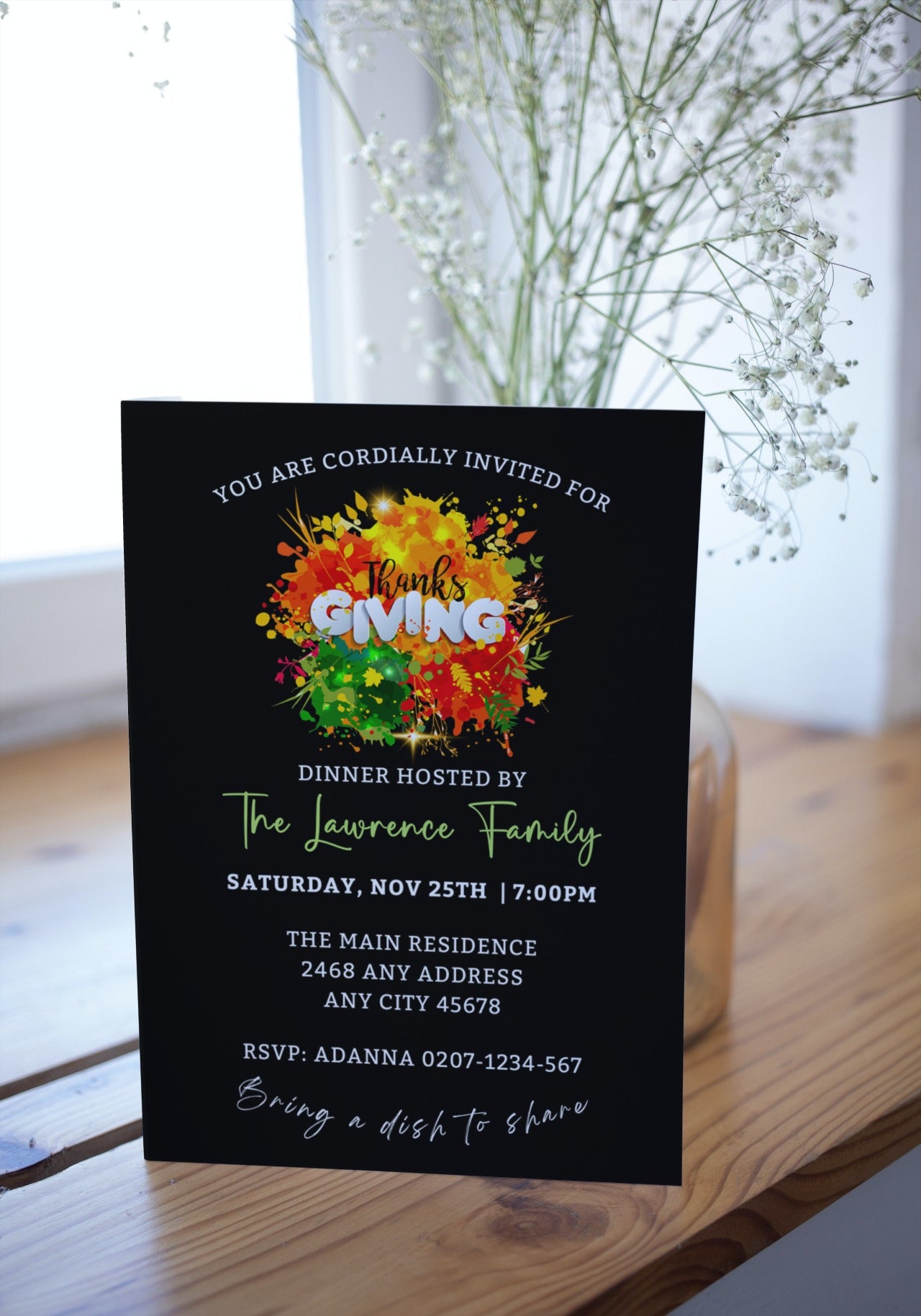 Colourful Neon Floral Black Thanksgiving Dinner Evite template on a black background with vibrant text and white flowers, customizable via Canva for digital sharing.