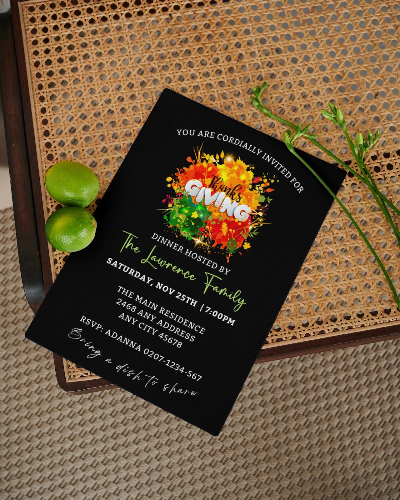 Colourful Neon Floral Black Thanksgiving Dinner Evite on a wicker chair with limes, customizable via Canva for digital sharing.