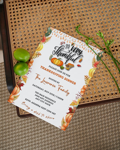 White invitation with orange pumpkins and leaves on a wicker chair, titled Colourful Fall Leaves Pumpkins | Thanksgiving Evite, customizable via Canva app.
