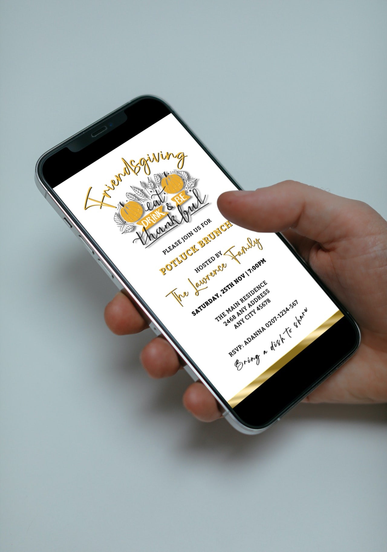 Hand holding a mobile phone displaying an Elegant FriendsGiving Potluck | Thanksgiving Brunch Invitation, customizable via Canva for digital sharing.