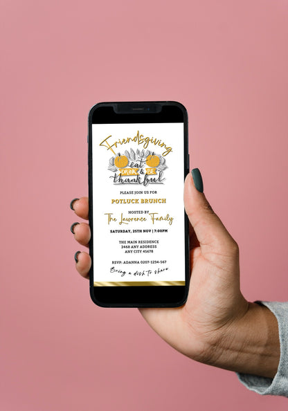Person holding a smartphone displaying the Elegant FriendsGiving Potluck | Thanksgiving Brunch Invitation template from URCordiallyInvited.