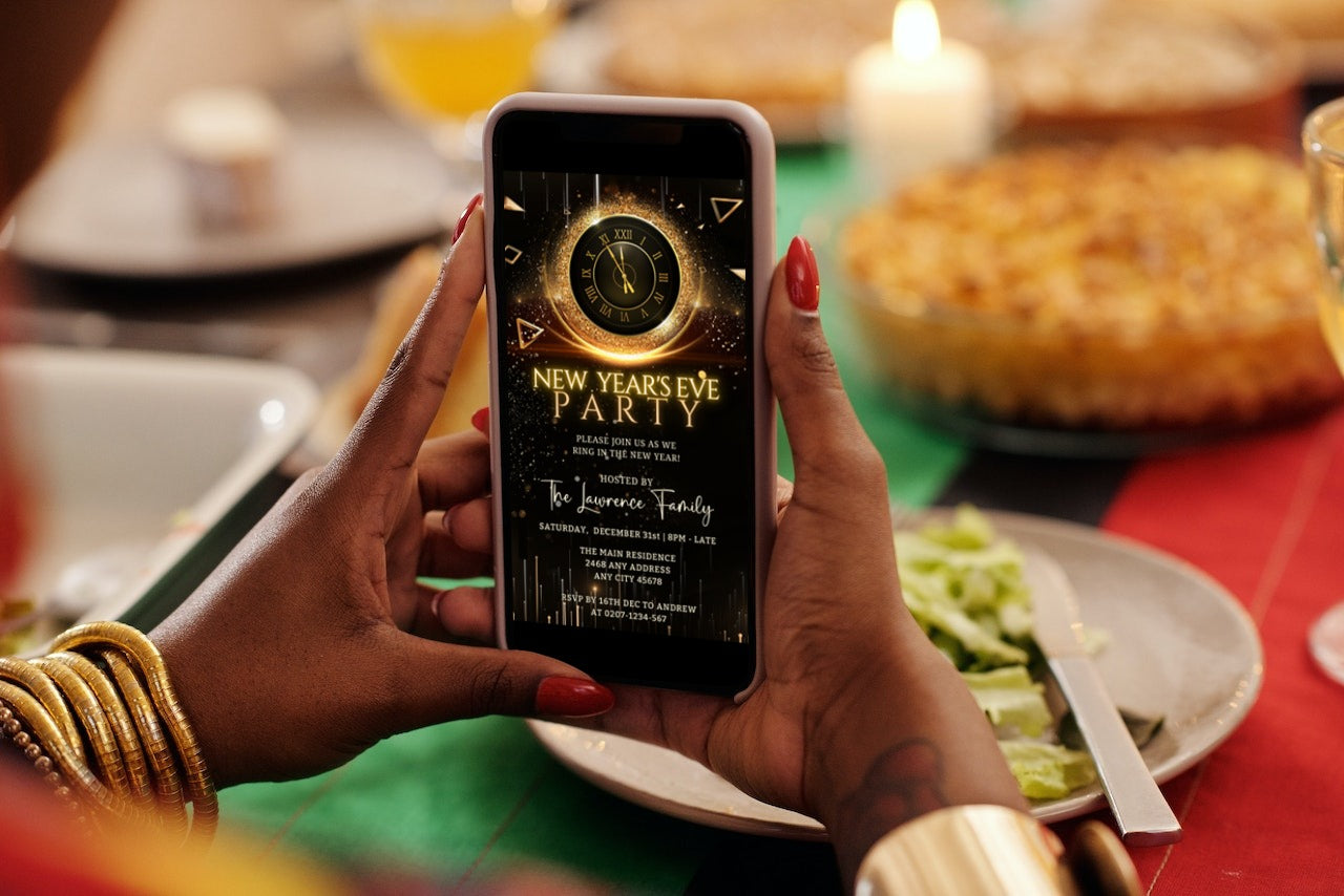 Person holding a smartphone displaying a Golden Cyber Clock New Years Eve Party Evite template, ready for customization via Canva.